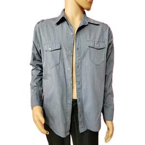 Distortion Men's Blue Long Sleeve Shirt Size M Button Up 2 Chest Pockets #C